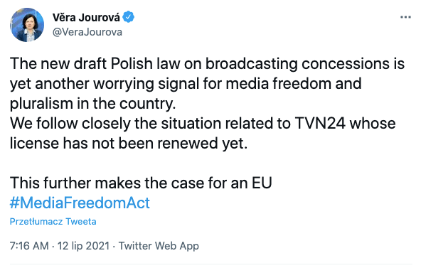 Vera Jourova, wiceprzewodnicząca Komisji Europejskiej, o lexTVN, 12 lipca 2021