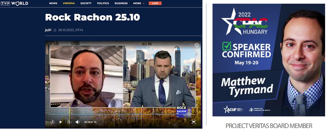 Zrzuty ekranu z Matthew Tyrmandem: pierwszy z programu ROck Rachoń TVP World, drugi ze strony CPAC Hungary