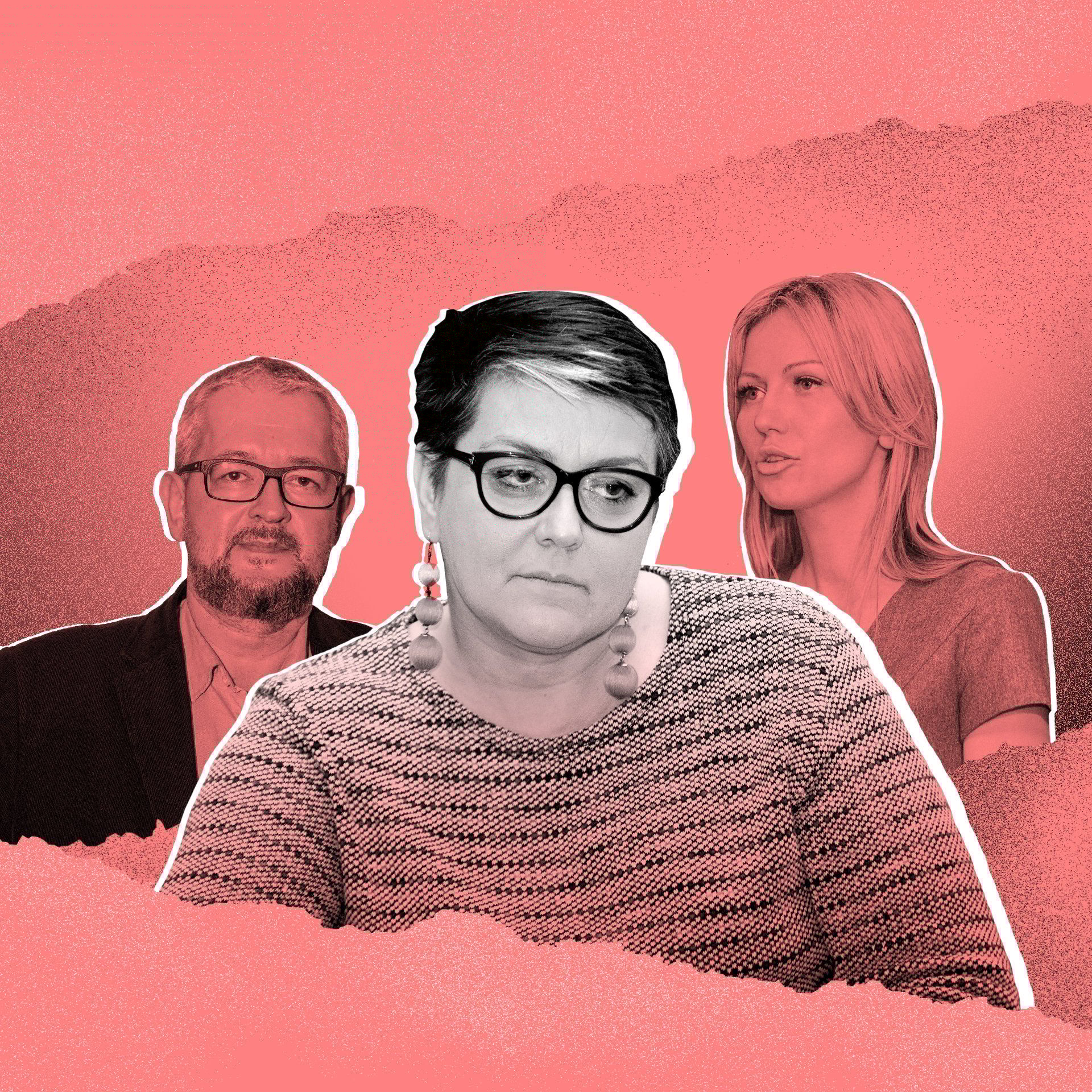Ilustracja przedstawiająca Rafała Ziemkiewicza, Magdalenę Ogórek i Elżbietę Podleśną. Podleśna na pierwszym planie w okularach, swetrze i krótkiej fryzurze..