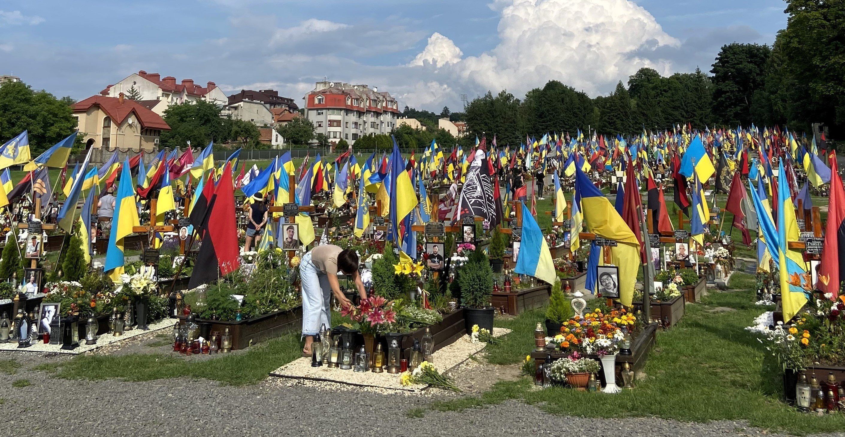 cmentarz poległych żołnierzy ukraińskich, widać ich zdjęcia na nagrobkach, w środku młoda kobieta pochyla sie nad grobem i porządkuje go, wszędzie flagi niebiesko-żółte i czerwono czarne.