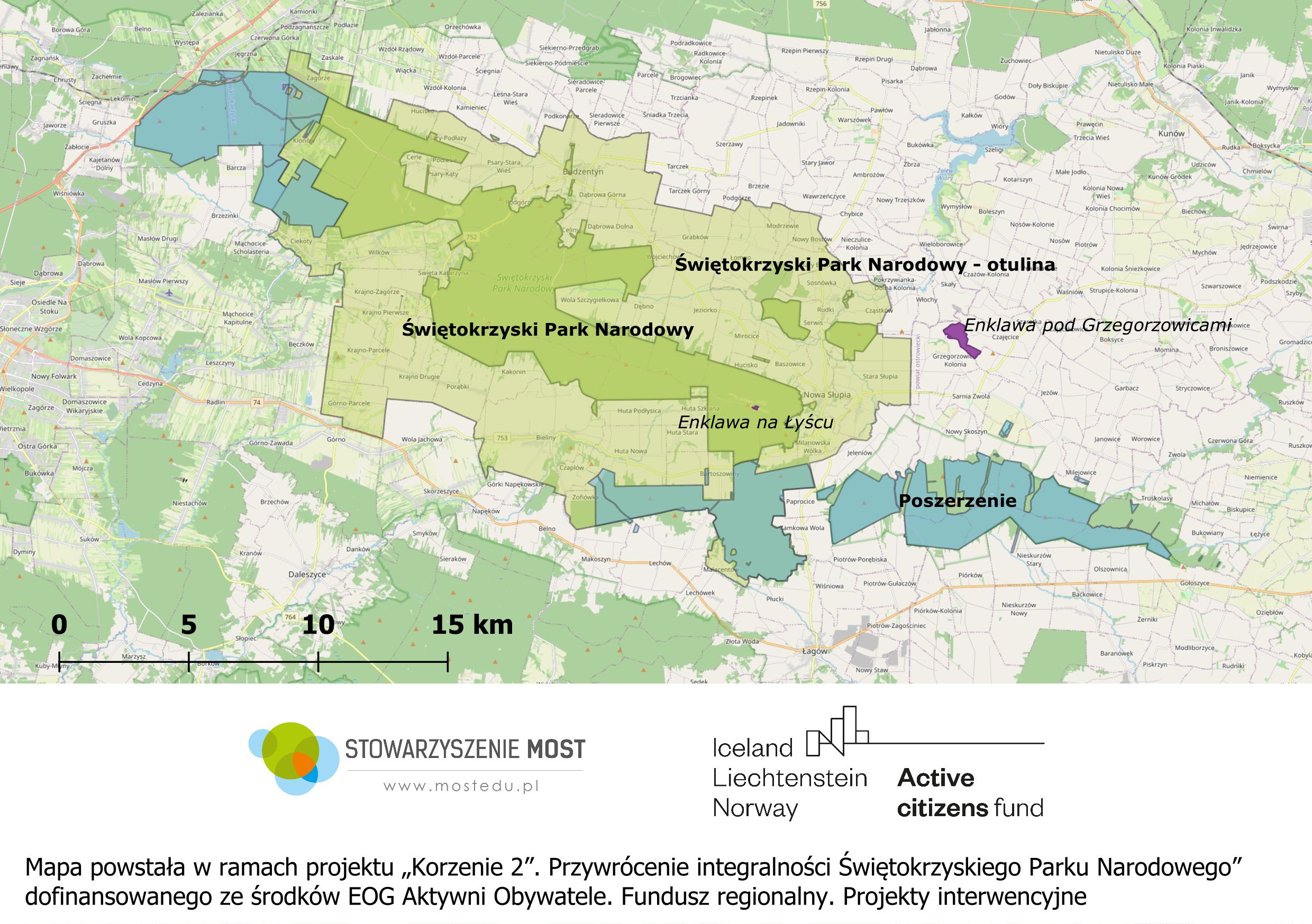 Mapa obecnych i postulowanych granic Świętokrzyskiego Parku Narodowego