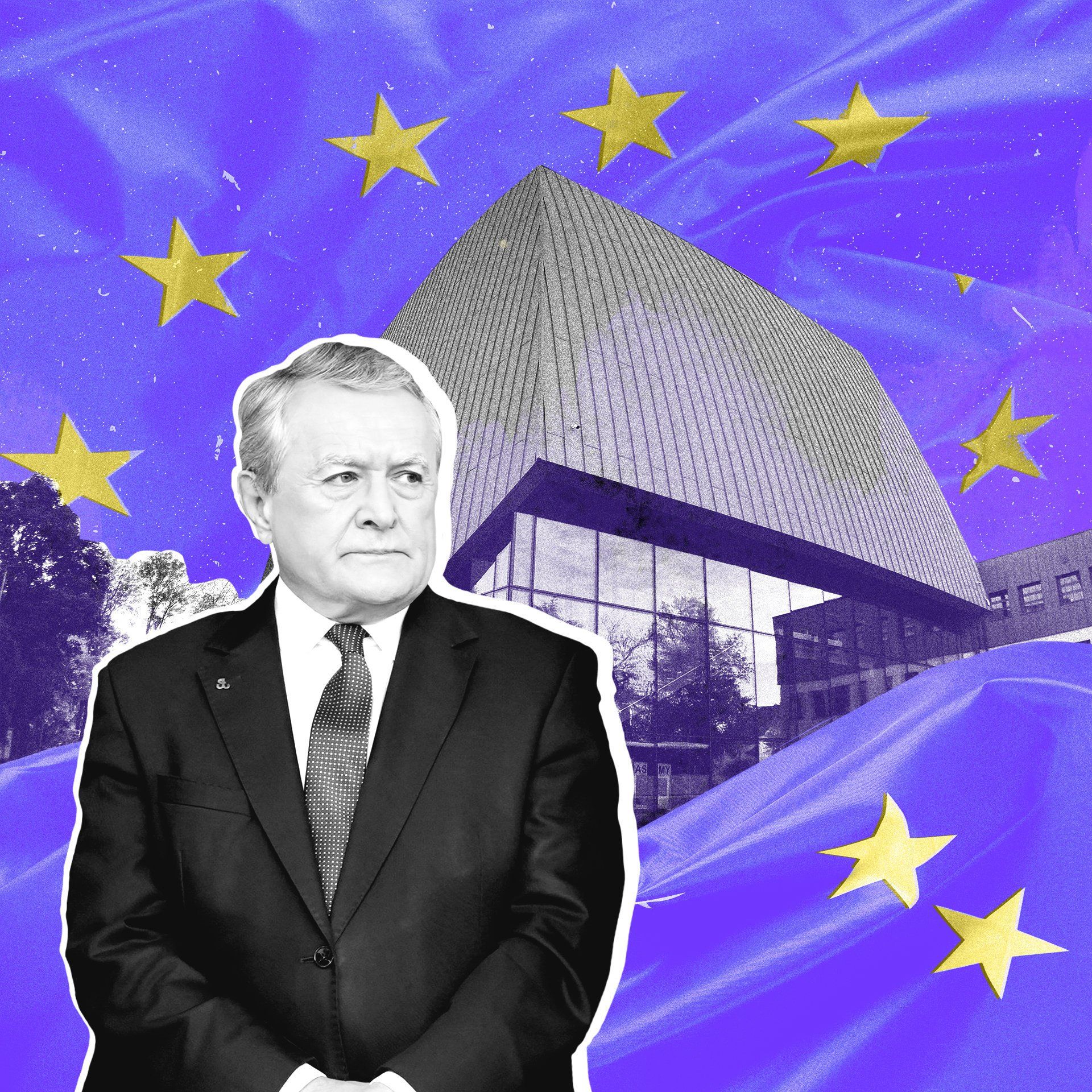 Ilustracja przedstawiająca Piotra Glińskiego na tle niegotowej sali koncertowej i motywu gwiazd z flagi UE