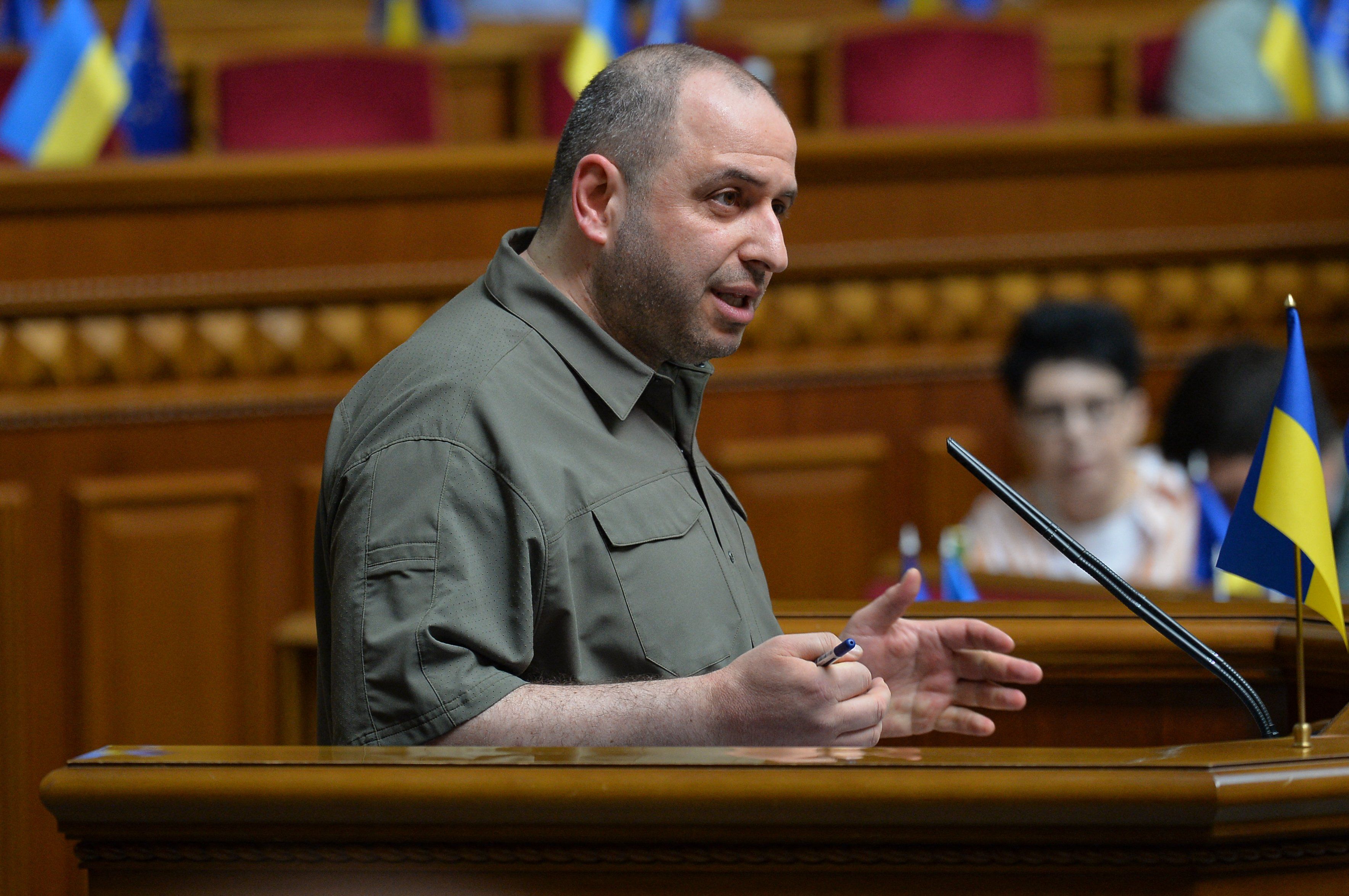 Rustem Umerov speaks in the Ukrainian parliament during voting in favour of his nomination as the Ukrainian defence minister in Kyiv on September 6, 2023, amid the Russian invasion of Ukraine. Ukraine's parliament approved President Volodymyr Zelensky's nomination of Rustem Umerov, a Crimean Tatar, as Kyiv's new defence minister after the resignation of Oleksiy Reznikov. (Photo by ANDRII NESTERENKO / AFP)