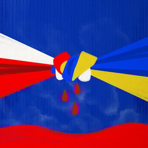 ilustracja przedstawia polską i ukraińską flagę związane w supeł, z którego kapią krople krwi